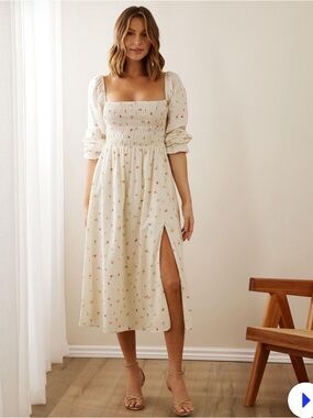 Atmos&Here Australia Cream Floral Smocked Midi Dress with Puff Sleeves